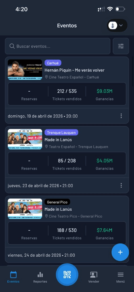 App móvil de Fanz — listado de eventos